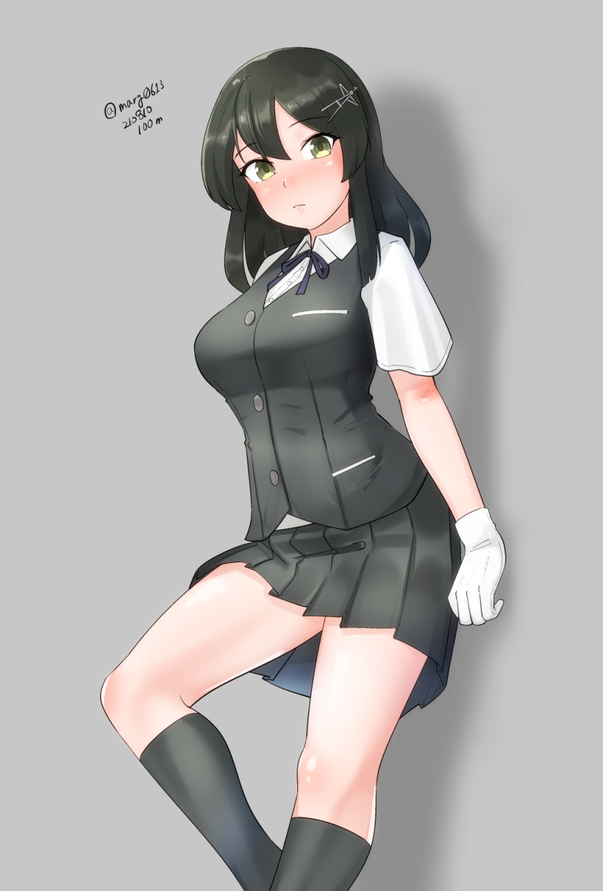 1girl against_wall black_hair black_legwear black_skirt black_vest brown_eyes feet_out_of_frame gloves hair_ornament hairclip highres kantai_collection kneehighs long_hair looking_at_viewer maru_(marg0613) one-hour_drawing_challenge oyashio_(kancolle) pleated_skirt school_uniform shirt short_sleeves skirt solo standing vest white_gloves white_shirt