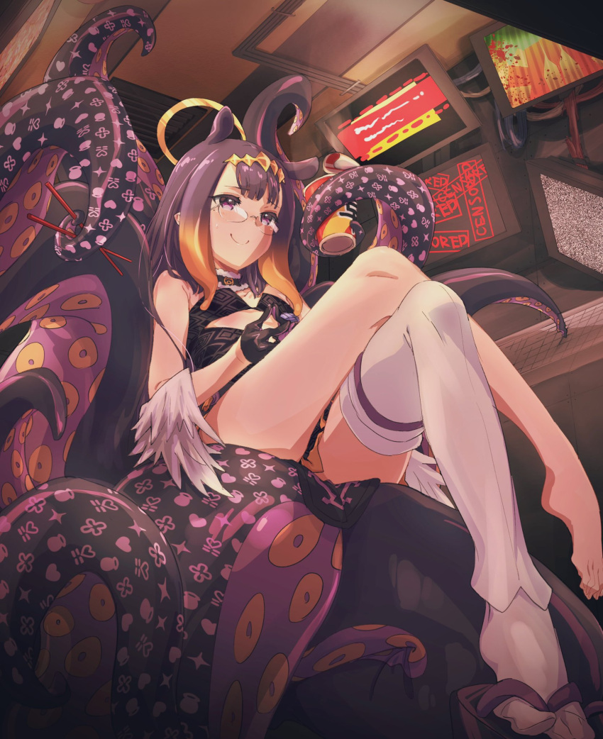 1girl animal_ears barefoot bespectacled black_dress black_gloves blush breasts chopsticks closed_mouth commentary crossed_legs cutout_above_navel detached_collar dress eyebrows_visible_through_hair fingers_together fukuda_keita full_body fur-trimmed_collar furrowed_brow geta glasses gloves gradient_hair halo hands_together headpiece highres hololive hololive_english indoors lobotomy_corporation long_hair looking_over_eyewear low_wings mole mole_under_eye monitor multicolored_hair nervous_smile ninomae_ina'nis okobo orange_hair pointy_ears purple_hair ramen single_thighhigh sitting sleeveless sleeveless_dress small_breasts smile solo static steam straight_hair strapless strapless_dress sweatdrop tabi tentacle_hair tentacles thigh-highs thighs tube_dress two-tone_hair violet_eyes virtual_youtuber white_legwear wings