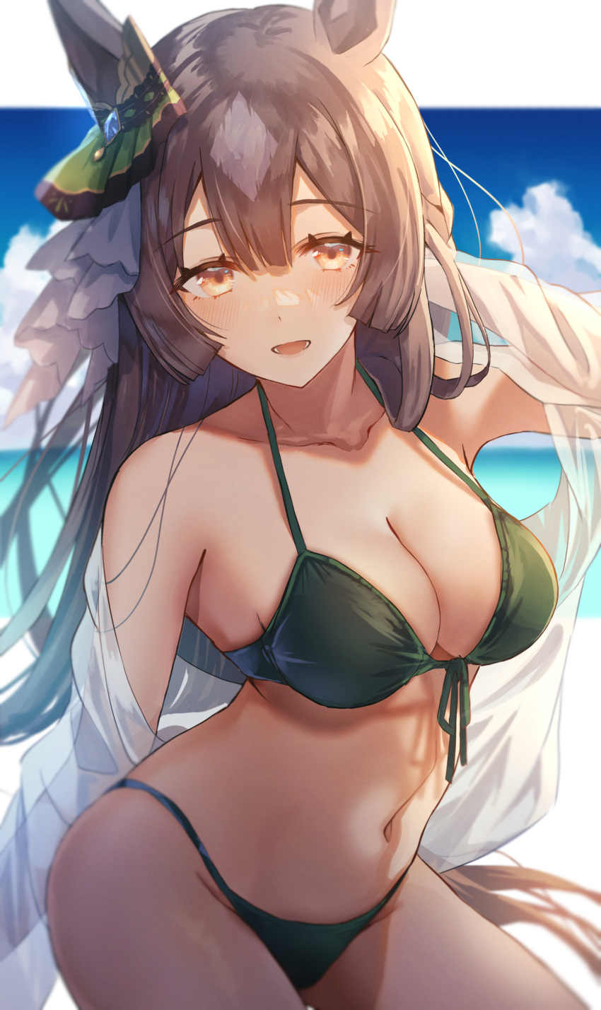 1girl absurdres animal_ears bikini blue_sky blush breasts clouds collarbone day ear_ribbon green_bikini green_ribbon highres horse_ears horse_girl horse_tail kuzaki_luta long_hair looking_at_viewer medium_breasts navel ocean open_mouth ribbon satono_diamond_(umamusume) sky solo swimsuit tail umamusume