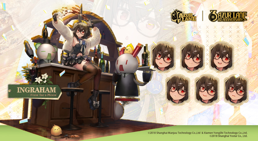 1girl animal_ears azur_lane bare_shoulders breasts brown_hair coat english_commentary expressions fake_animal_ears glasses hair_ornament hairclip highres ingraham_(azur_lane) ingraham_(fixin_for_a_mixin)_(azur_lane) leotard looking_at_viewer manjuu_(azur_lane) medium_breasts messy_hair nagu navel official_art playboy_bunny promotional_art rabbit_ears red_eyes strapless strapless_leotard thigh-highs