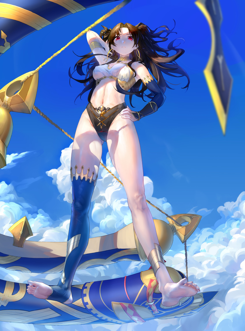 1girl absurdres anklet barefoot black_gloves black_hair blue_sky breasts bridal_gauntlets clouds day earrings elbow_gloves fate/grand_order fate_(series) gloves hand_on_hip heavenly_boat_maanna highres hoop_earrings ishtar_(fate) ishtar_(fate)_(all) jewelry long_hair medium_breasts midriff navel red_eyes single_elbow_glove single_thighhigh sky soles solo thigh-highs toes wow+