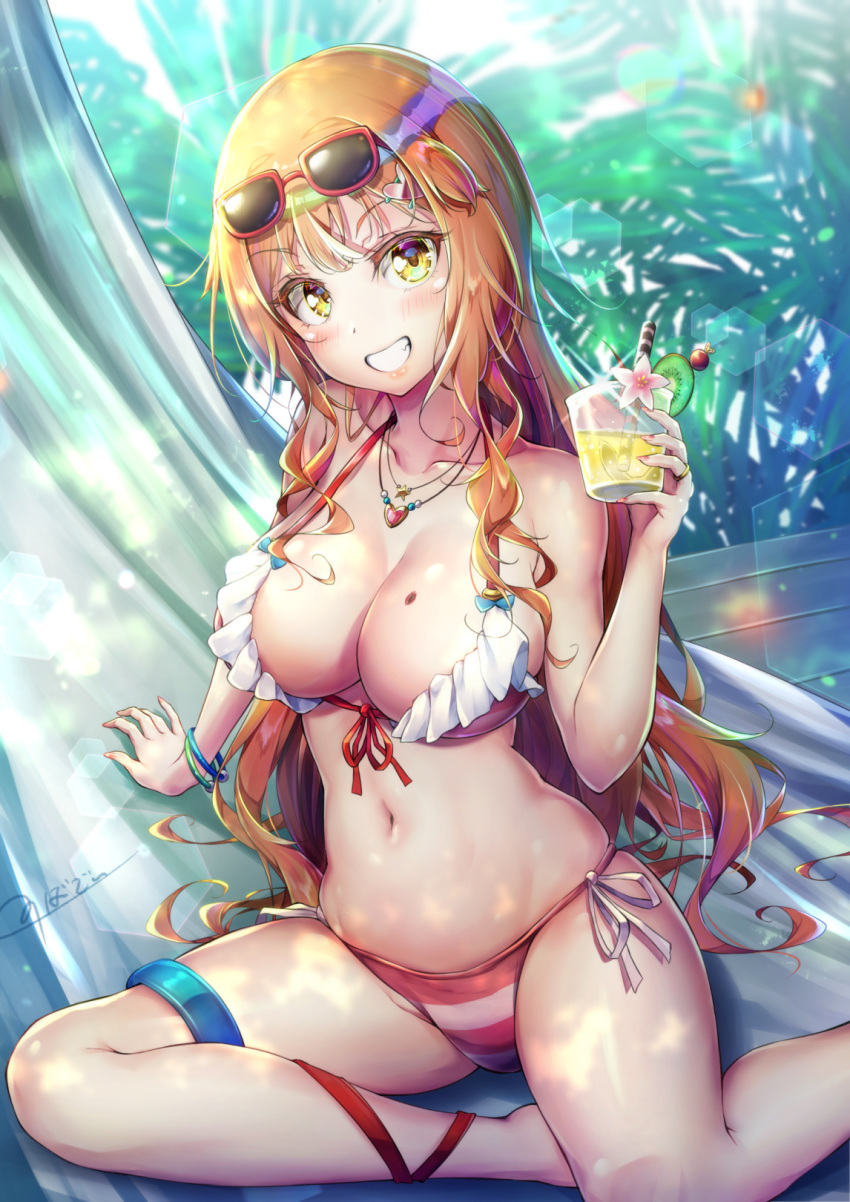 1girl bikini blush breasts cup drinking_glass eyewear_on_head frilled_bikini frilled_swimsuit frills hair_ornament hairclip heart heart_hair_ornament highres large_breasts looking_at_viewer mole mole_on_breast nail_polish natsusora_aona nobady orange_hair original shot_glass summer sunglasses swimsuit