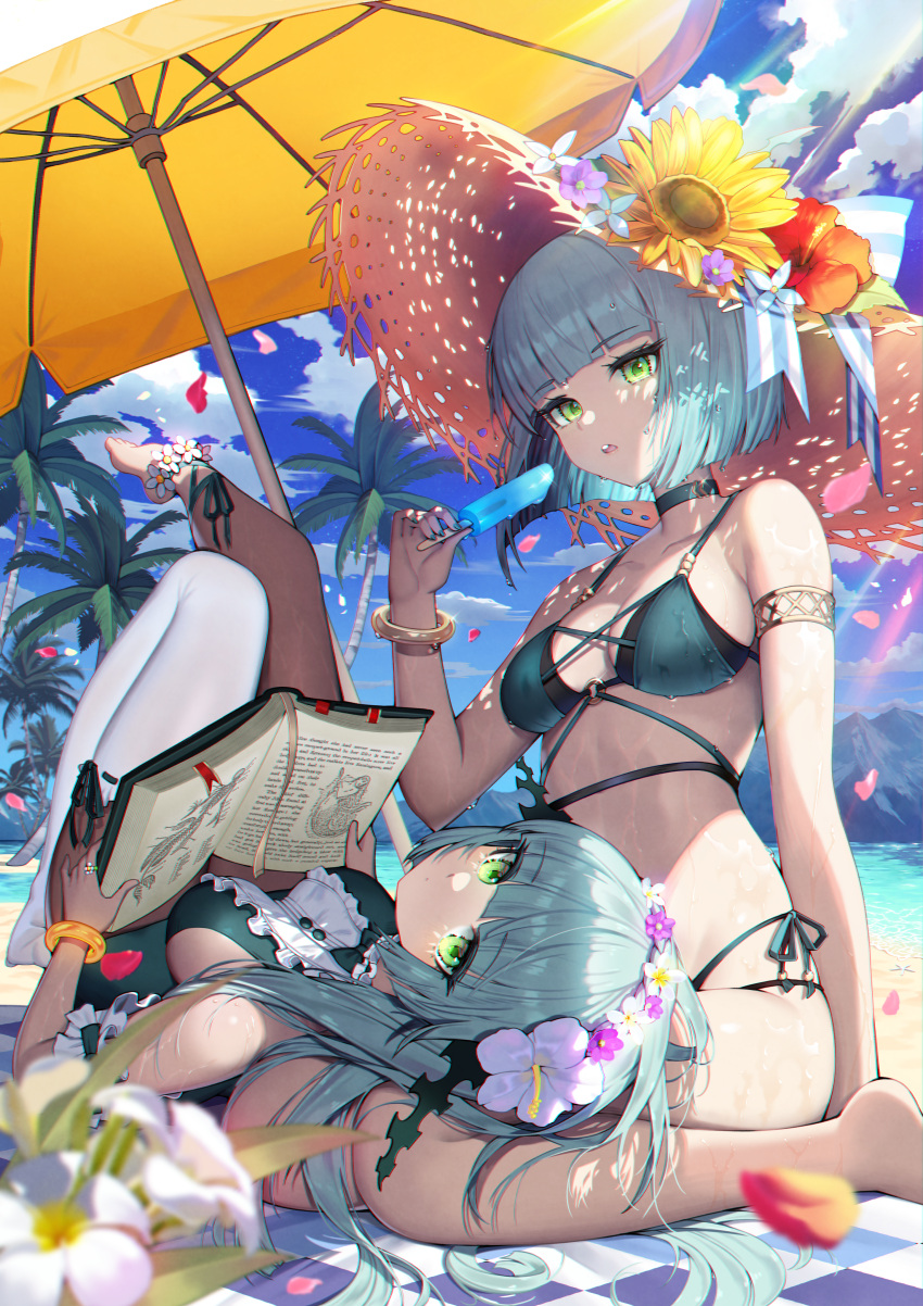 2girls absurdres afk_arena anklet armlet bangs bare_shoulders barefoot beach beach_towel beach_umbrella bikini blue_bikini blue_choker blue_flower blue_sky blue_swimsuit blunt_bangs blurry blurry_foreground book bracelet breasts brown_headwear choker clouds commentary day eyebrows_visible_through_hair flower flower_anklet green_eyes hair_flower hair_ornament hat hat_flower hibiscus highres holding holding_book huge_filesize isabella_(afk_arena) jewelry lap_pillow large_breasts long_hair looking_at_viewer lying multiple_girls on_back one-piece_swimsuit open_book outdoors palm_tree petals purple_flower red_flower short_hair side-tie_bikini sideboob silver_hair silvina_(afk_arena) single_thighhigh sitting sky stomach straw_hat sun_hat sunflower swimsuit thigh-highs towel tree umbrella white_flower white_legwear yellow_flower yuri_(chocho_q)