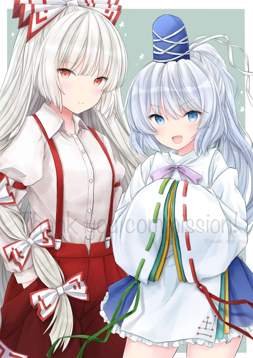 2girls :d bangs blue_eyes blue_headwear blue_skirt bow buttons closed_mouth collared_shirt commission cowboy_shot english_text fujiwara_no_mokou grey_background grey_hair hair_bow hands_in_opposite_sleeves hat highres japanese_clothes juliet_sleeves kariginu long_hair long_sleeves looking_at_viewer mononobe_no_futo multiple_bows multiple_girls open_mouth outside_border ponytail puffy_sleeves red_eyes ribbon-trimmed_sleeves ribbon_trim shirt simple_background skeb_commission skirt smile standing suspenders sweet_miuk_tea tate_eboshi touhou white_hair white_shirt wide_sleeves