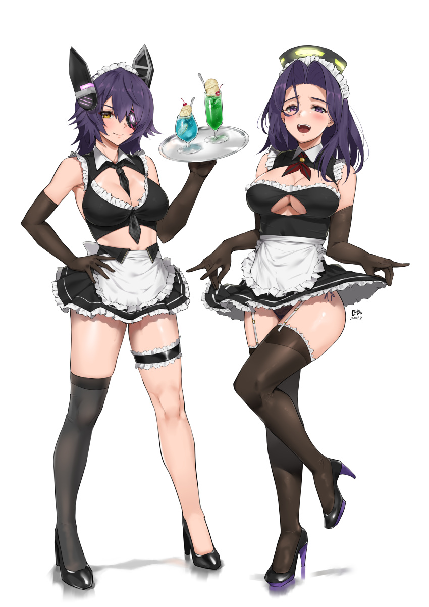 2girls absurdres alternate_costume apron bangs between_breasts black_gloves black_legwear black_neckwear black_skirt blush breasts c-da cleavage_cutout clothing_cutout cup elbow_gloves enmaided eyepatch frills full_body garter_straps garters gloves hair_between_eyes hand_on_hip headgear high_heels highres holding holding_tray kantai_collection large_breasts leg_garter maid maid_headdress mechanical_halo medium_hair multiple_girls necktie necktie_between_breasts neckwear_between_breasts open_mouth panties pantyshot purple_hair shadow short_hair signature simple_background single_thighhigh skirt smile standing standing_on_one_leg tatsuta_(kancolle) tenryuu_(kancolle) thigh-highs tray underwear violet_eyes waist_apron white_apron white_background yellow_eyes