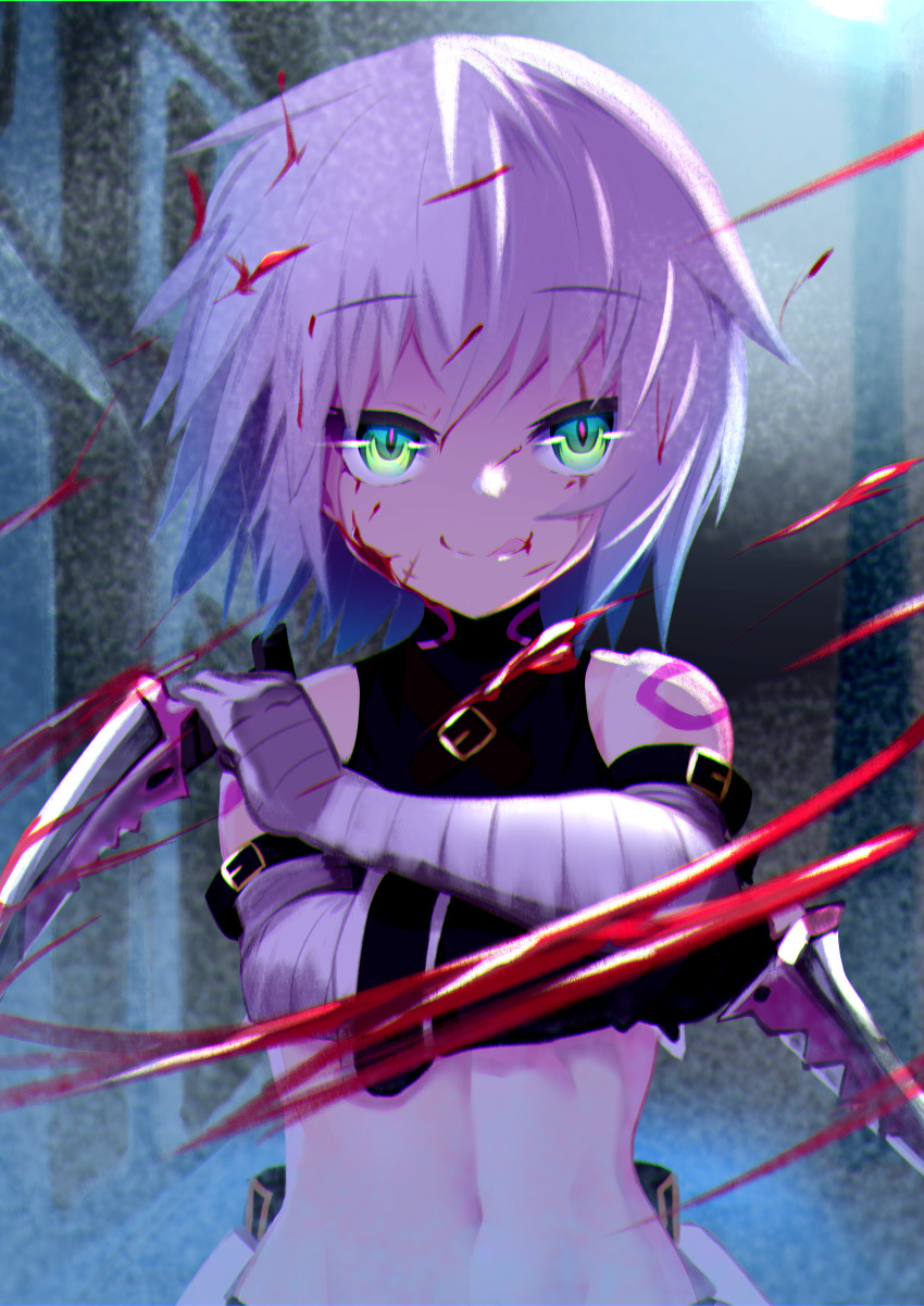 1girl absurdres arm_belt ass bandaged_arm bandages blush dagger dual_wielding eyebrows_visible_through_hair fate/apocrypha fate_(series) gloves green_eyes highres holding holding_dagger holding_weapon huge_filesize jack_the_ripper_(fate/apocrypha) knife licking_lips looking_at_viewer navel open_mouth panties scar scar_across_eye scar_on_cheek scar_on_face short_hair shoulder_tattoo single_glove smile solo tattoo tongue tongue_out underwear upper_body weapon white_hair