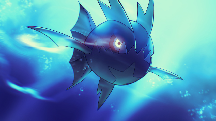 absurdres air_bubble bubble carvanha closed_mouth commentary fish gen_3_pokemon glowing glowing_eyes higa-tsubasa highres no_humans pokemon pokemon_(creature) solo underwater yellow_eyes