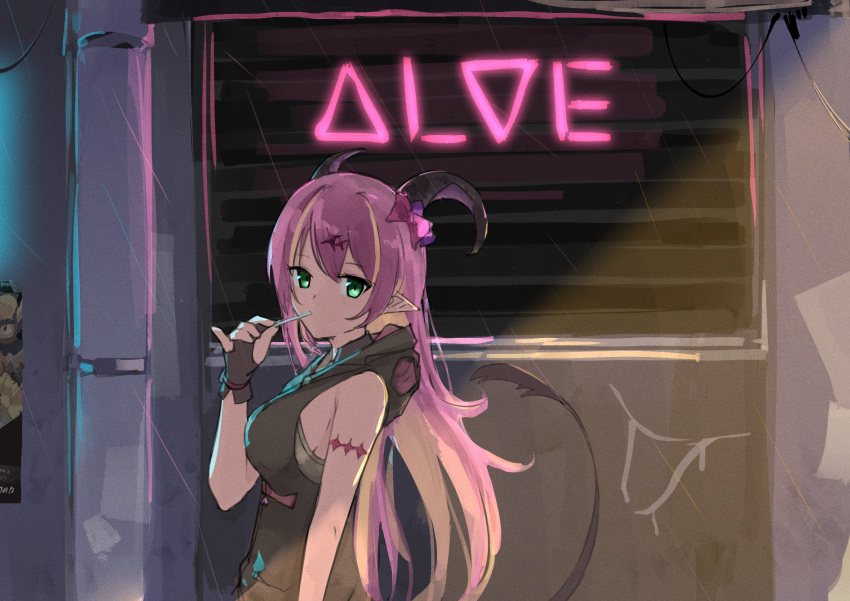 1girl asymmetrical_horns bangs bare_shoulders blonde_hair bow breasts character_name collared_shirt demon_girl demon_horns demon_tail fingerless_gloves gloves green_eyes hair_ornament highres hololive horn_bow horn_ornament horns long_hair looking_at_viewer lyrinne mano_aloe multicolored_hair pink_hair pointy_ears shirt sleeveless sleeveless_shirt solo tail two-tone_hair virtual_youtuber