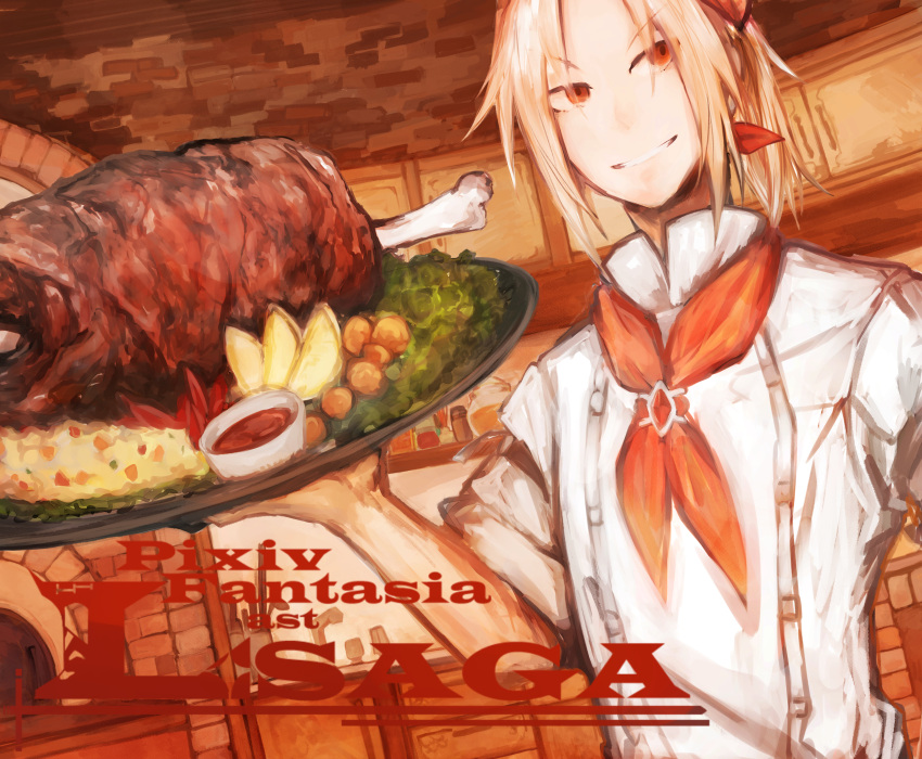 1boy absurdres blonde_hair boned_meat bow copyright_name deere_(pixiv_fantasia_last_saga) food highres holding holding_tray huge_filesize indoors male_focus meat medium_hair pixiv_fantasia pixiv_fantasia_last_saga red_bow red_eyes red_neckwear shirt short_sleeves smile standing suzunana0730 tray upper_body waiter white_shirt