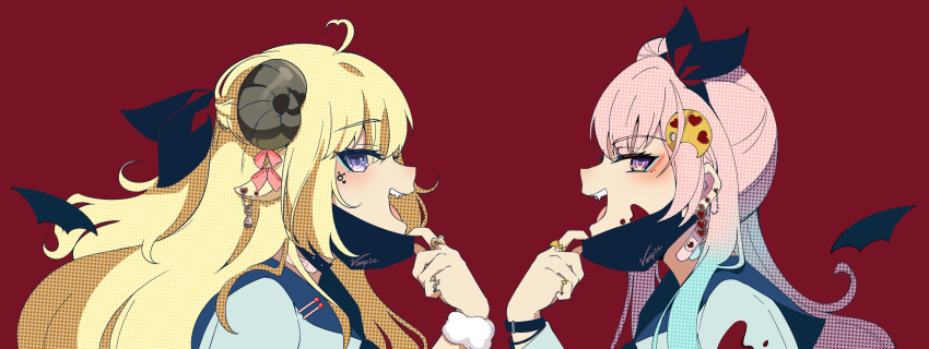 2girls absurdres airani_iofifteen airani_iofifteen_(artist) bandaid bandaid_on_neck bangs blonde_hair bow detached_wings earrings eyebrows_visible_through_hair fangs from_side hair_bow highres hololive hololive_indonesia jewelry looking_at_viewer looking_to_the_side mask_pull mixed-language_commentary multiple_girls multiple_rings official_art open_mouth pink_eyes pink_hair profile red_background ring sideways_glance simple_background smile tongue tsunomaki_watame upper_teeth vampire vampire_(vocaloid) violet_eyes virtual_youtuber wings