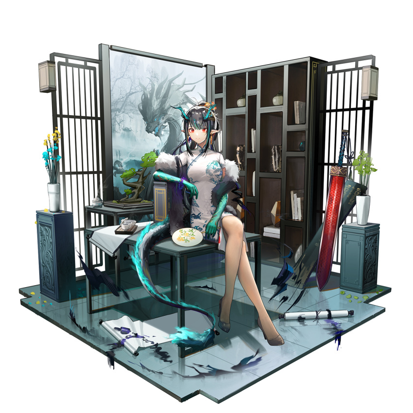 1girl arknights arm_rest bangs bare_legs bead_bracelet beads black_hair blue_flower bonsai bracelet breasts china_dress chinese_clothes closed_mouth colored_skin commentary_request crossed_legs dragon_girl dragon_horns dragon_tail dress dusk_(arknights) earrings feather_boa flower flower_pot full_body green_hair green_skin hand_fan high_heels highres holding holding_fan horns indoors jewelry leaf long_hair looking_at_viewer medium_breasts multicolored_hair paper_fan picture_(object) plant pointy_ears potted_plant print_dress red_eyes scroll shelf short_sleeves sidelocks sitting sitting_on_table solo streaked_hair sword tail uchiwa weapon white_dress yellow_flower yuuki_mix