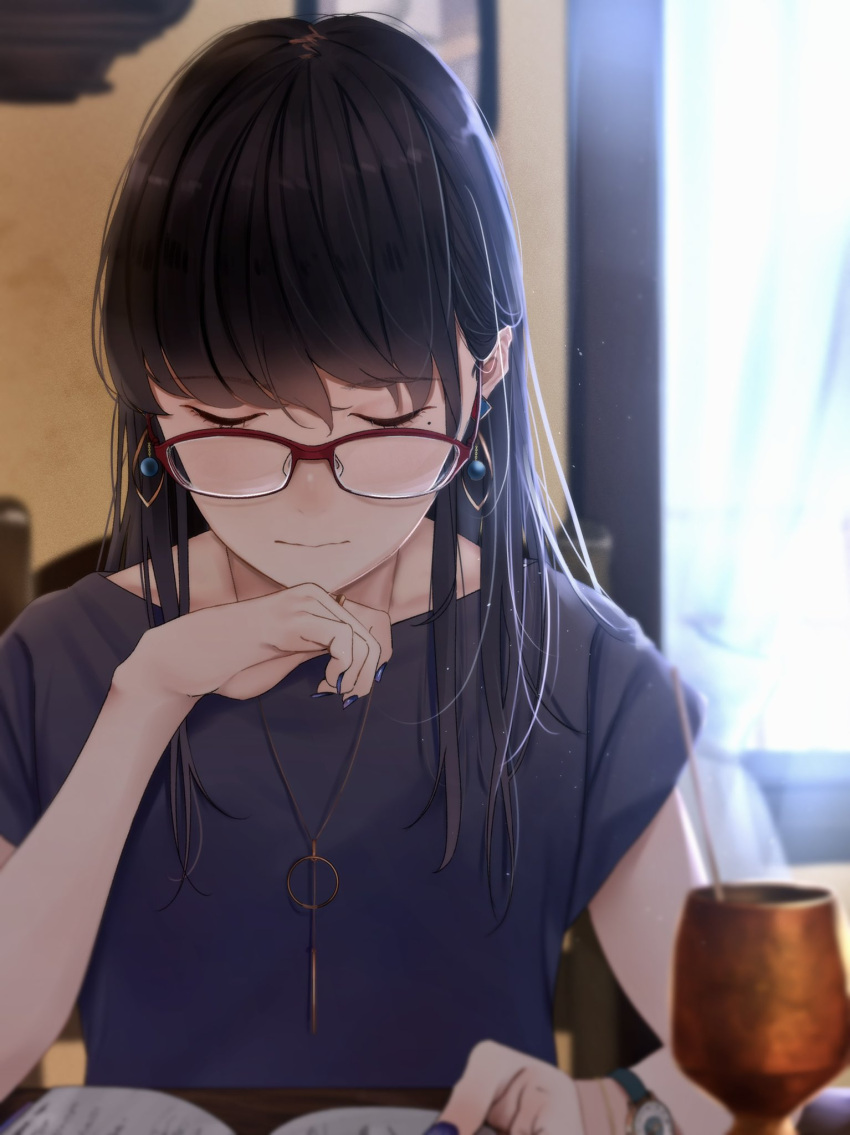 1girl bangs black_hair blurry blurry_background closed_mouth cup earrings expressionless glasses grey_shirt hand_on_own_chin hand_up highres indoors jewelry long_hair looking_down mole mole_under_eye nail_polish necklace original red-framed_eyewear saitou_(lynx-shrike) shirt short_sleeves sitting solo watch window