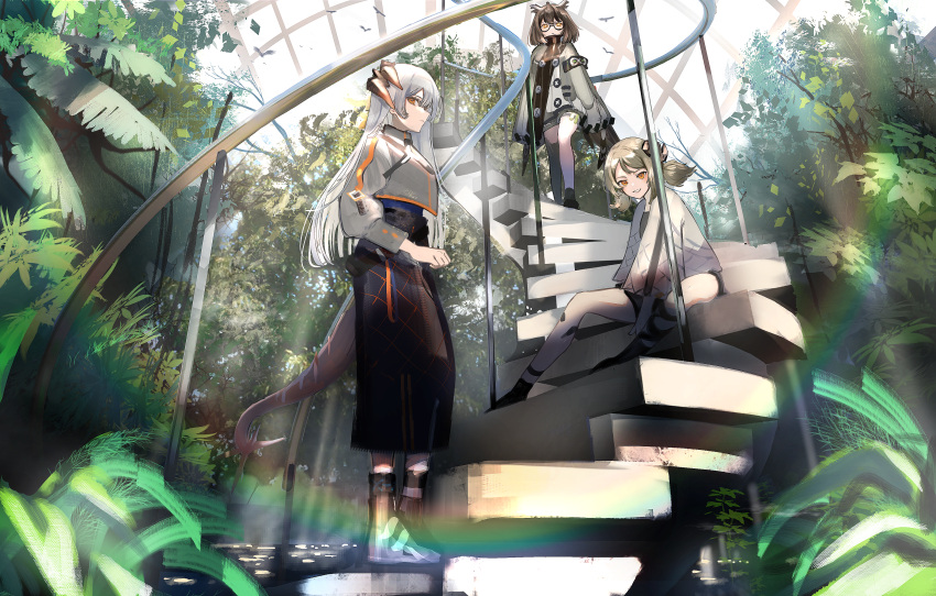 3girls absurdres arknights bare_legs belt bird black_shorts black_skirt blonde_hair boots brown_hair brown_jacket bush buttons capelet closed_mouth crop_top crop_top_overhang dragon_horns dragon_tail expressionless feather_hair full_body glasses greenhouse grey_capelet high-waist_skirt highres horns huge_filesize ifrit_(arknights) indoors infection_monitor_(arknights) jacket long_hair long_skirt long_sleeves looking_at_viewer medium_hair multiple_girls nanaponi orange_eyes oripathy_lesion_(arknights) parted_lips profile rhine_lab_logo saria_(arknights) shirt short_twintails shorts sideways_glance silence_(arknights) silver_hair sitting skirt smile stairs standing symbol-only_commentary tail tree twintails white_shirt