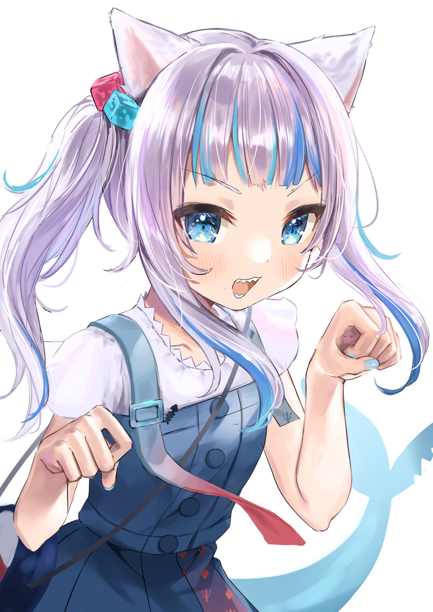 1girl absurdres animal_ears blue_eyes blue_hair blush cat_ears english_commentary fish_tail gawr_gura hair_cubes hair_ornament highres hololive hololive_english long_hair looking_at_viewer misekiss multicolored_hair open_mouth paw_pose shark_tail sharp_teeth side_ponytail sidelocks silver_hair simple_background skirt skirt_set solo streaked_hair tail teeth upper_body virtual_youtuber white_background