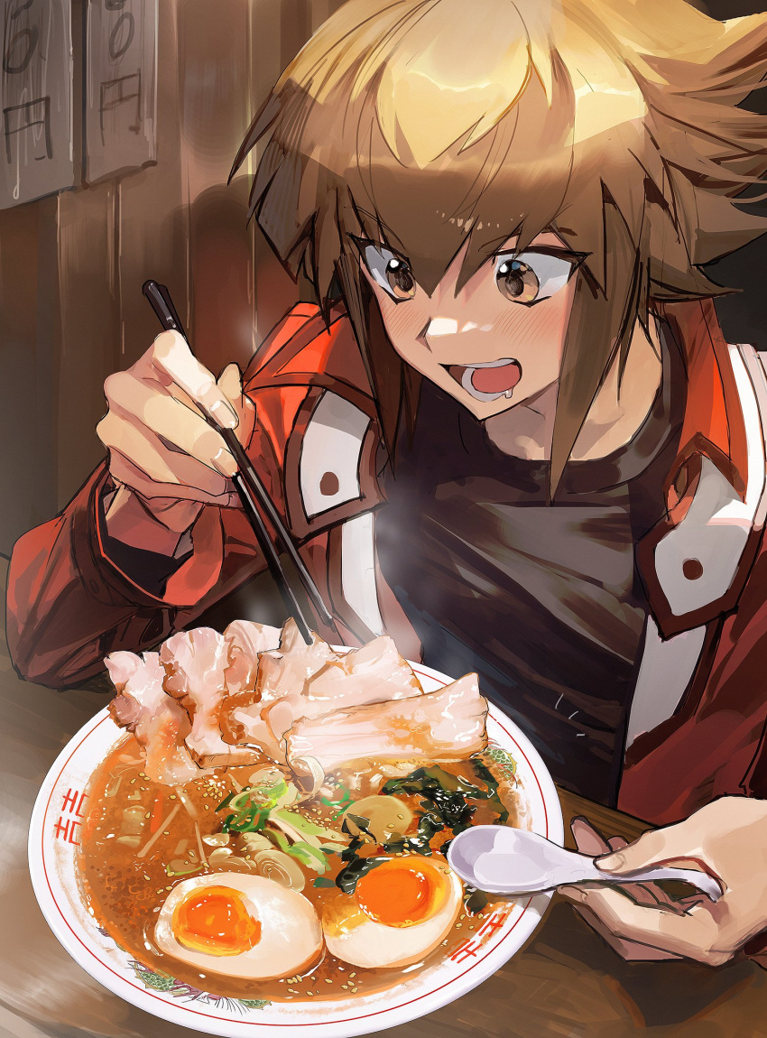 1boy black_shirt bowl brown_eyes brown_hair chopsticks cocaduel duel_academy_uniform_(yu-gi-oh!_gx) egg fingernails food highres holding holding_chopsticks holding_spoon jacket light_blush long_sleeves male_focus meat medium_hair multicolored_hair noodles open_clothes open_jacket open_mouth price_list ramen red_jacket saliva shirt solo spoon steam symbol-only_commentary table two-tone_hair yu-gi-oh! yu-gi-oh!_gx yuuki_juudai