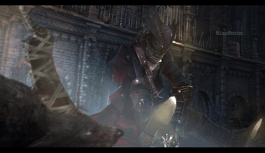 1other androgynous animal arm_guards belt blood bloodborne blurry blurry_foreground boots cloak coat commentary_request copyright_name english_text gun hat holding holding_gun holding_weapon hunter_(bloodborne) mask missing_limb mono_(jdaj) mouth_mask railing saw_cleaver sitting solo tricorne weapon wolf