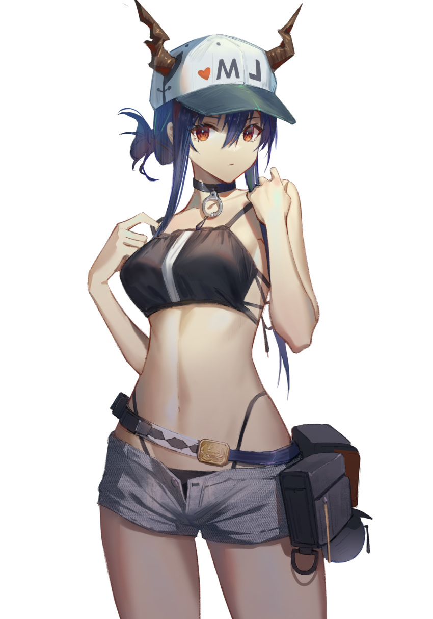1girl absurdres arknights bangs baseball_cap belt_pouch bikini bikini_under_clothes bilibilida black_bikini black_choker blue_hair breasts ch'en_(arknights) chinese_commentary choker closed_mouth commentary_request cowboy_shot dragon_horns female_tourist_c_(arknights) grey_shorts hair_between_eyes hands_up hat highleg highleg_bikini highres horns horns_through_headwear long_hair looking_at_viewer medium_breasts navel pouch red_eyes short_shorts shorts simple_background solo standing stomach swimsuit tied_hair white_background white_headwear