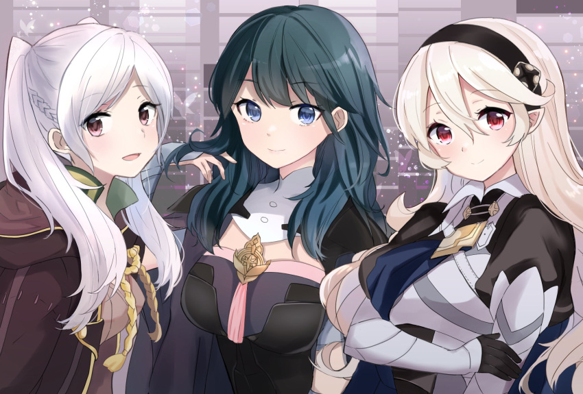 3girls armor armored_dress bangs black_armor black_cape black_gloves black_hairband blue_eyes blue_hair blush braid breasts brown_robe byleth_(fire_emblem) byleth_eisner_(female) cape closed_mouth corrin_(fire_emblem) corrin_(fire_emblem)_(female) detached_collar eyebrows_visible_through_hair fire_emblem fire_emblem:_three_houses fire_emblem_awakening fire_emblem_fates fire_emblem_heroes french_braid gloves hair_between_eyes hairband hand_in_hair highres hood hood_down hooded_robe juliet_sleeves lips long_hair long_sleeves looking_at_viewer manakete medium_breasts multiple_girls open_mouth pink_eyes pointy_ears puffy_sleeves puni_y_y red_eyes robe robin_(fire_emblem) robin_(fire_emblem)_(female) silver_hair smile trait_connection twintails upper_body white_hair