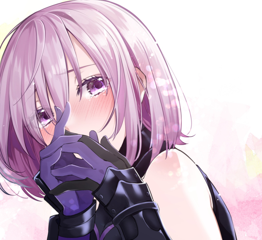 1girl armor bare_shoulders blush chun_xia commentary_request fate/grand_order fate_(series) gloves hair_over_one_eye hands_over_mouth looking_at_viewer mash_kyrielight purple_gloves purple_hair short_hair solo violet_eyes