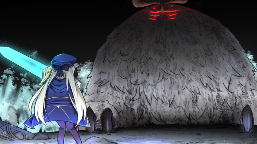 1girl artoria_pendragon_(caster)_(fate) artoria_pendragon_(fate) beret blonde_hair blue_bow blue_cape blue_headwear bow cape cernunnos_(fate) commentary_request dark_souls_(series) fate/grand_order fate_(series) giant giant_monster glowing glowing_eyes glowing_sword glowing_weapon hat hat_bow highres holding holding_sword holding_weapon long_hair monster neon-tetora pantyhose purple_legwear red_eyes standing sword twintails very_long_hair weapon