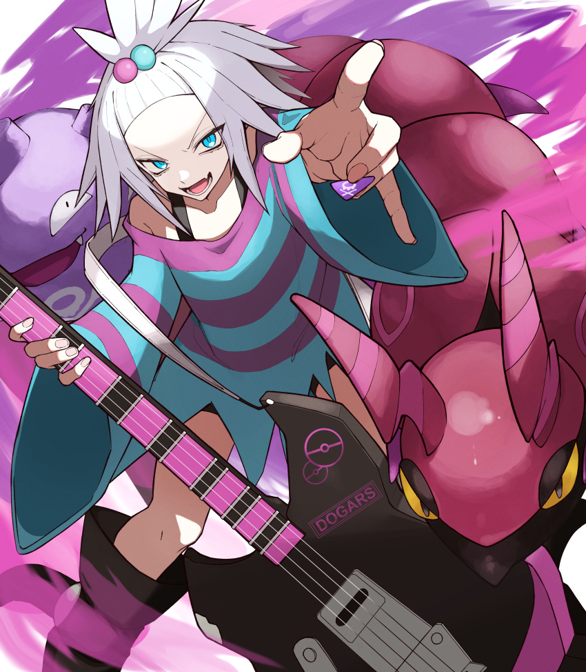 1girl absurdres arm_up bass_guitar black_footwear blue_eyes boots commentary_request dress fingernails gen_1_pokemon gen_5_pokemon gym_leader hair_bobbles hair_ornament highres holding holding_instrument holding_plectrum huge_filesize instrument koffing looking_at_viewer necro_ro open_mouth poke_ball_print pokemon pokemon_(creature) pokemon_(game) pokemon_bw2 roxie_(pokemon) scolipede spiky_hair striped striped_dress teeth tongue topknot two-tone_dress white_hair