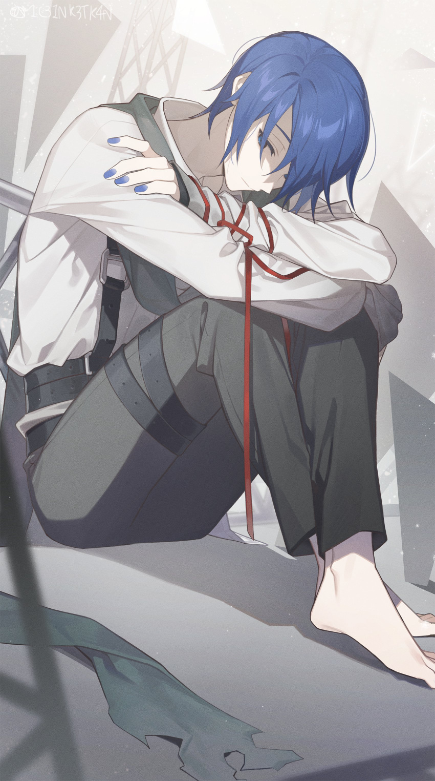 1boy 1c3ink3tk4n absurdres arms_on_knees artist_name bangs barefoot belt black_belt blue_eyes blue_hair collared_shirt crossed_ankles crossed_arms fence full_body green_neckwear grey_pants highres kaito_(vocaloid) male_focus nail_polish pale_skin pants parted_bangs pensive project_sekai red_ribbon ribbon scarf shirt short_hair sitting slouching solo suspenders vocaloid white_shirt