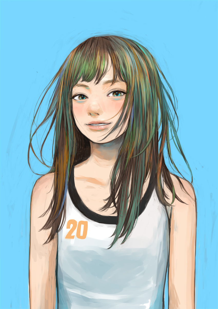 1girl absurdres blue_background blush collarbone green_hair grin highres junjunforever lips long_hair looking_at_viewer messy_hair multicolored_eyes multicolored_hair original sleeveless smile solo tank_top