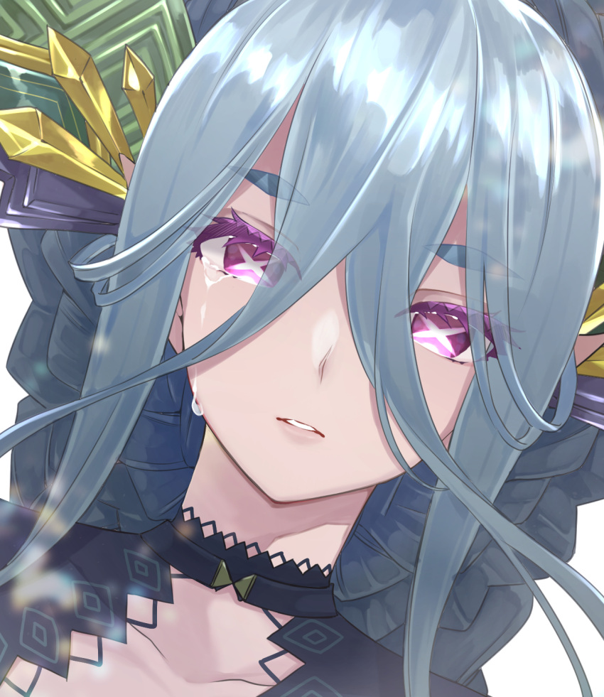 1girl blue_eyebrows blue_hair braid chun_xia collarbone commentary_request eyebrows_visible_through_hair fate/grand_order fate_(series) highres horns pink_eyelashes pink_eyes pointy_ears short_eyebrows solo symbol-shaped_pupils tears tiamat_(fate) upper_body x_x