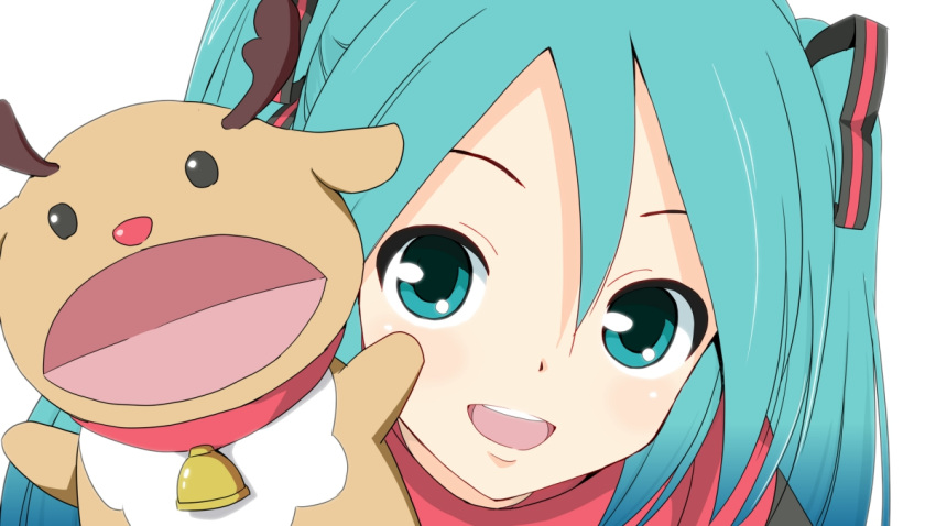 1girl aqua_eyes aqua_hair bell black_shirt close-up commentary hair_ribbon hand_puppet hatsune_miku looking_at_viewer neck_bell open_mouth portrait puppet red_scarf reindeer ribbon scarf shirt smile solo soukun_s striped striped_ribbon twintails vocaloid vocaloid_(lat-type_ver) white_background