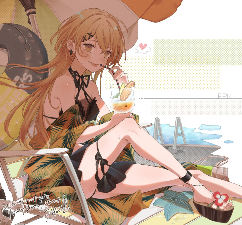 1girl :p bikini cocktail commission girls_frontline highres light_brown_eyes light_brown_hair long_hair platform_footwear pool ppk_(girls_frontline) rabb_horn skeb_commission solo sweat swimsuit tongue tongue_out very_long_hair