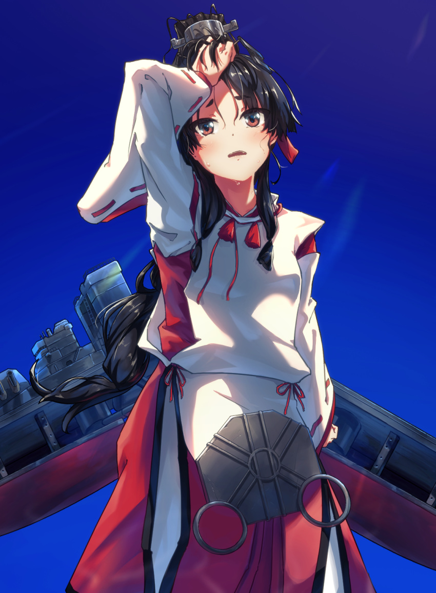 1girl black_hair blush brown_eyes day hair_ornament hakama high_ponytail highres i-coat japanese_clothes kantai_collection long_hair long_sleeves machinery multi-tied_hair nisshin_(kancolle) open_mouth red_hakama rigging solo sweat upper_body very_long_hair wide_sleeves