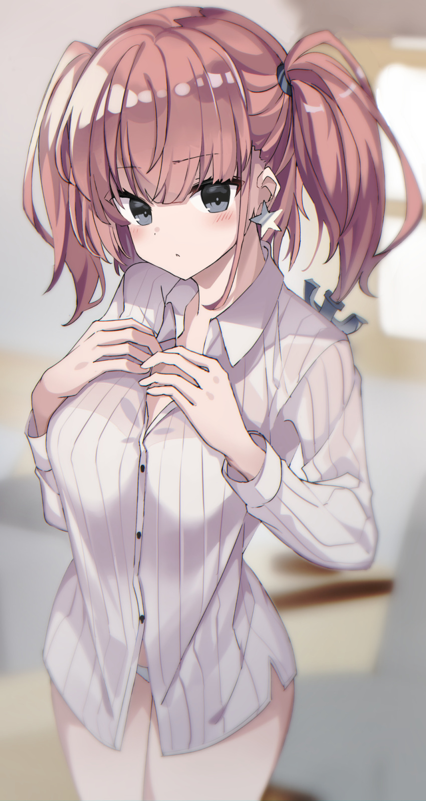1girl atlanta_(kancolle) blush breasts brown_eyes buttons cowboy_shot earrings eyebrows_visible_through_hair fathom grey_eyes highres jewelry kantai_collection large_breasts long_hair long_sleeves panties shirt single_earring solo star_(symbol) star_earrings two_side_up underwear white_panties white_shirt