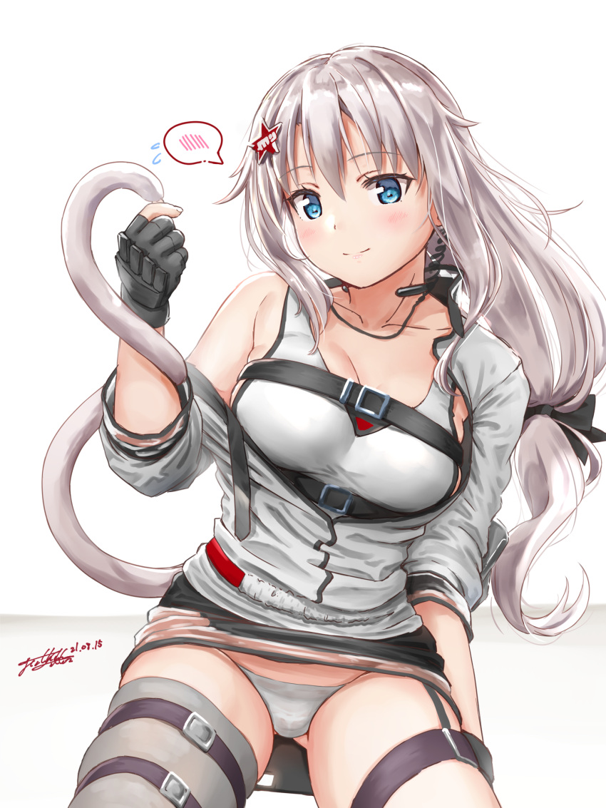 1girl 2021 9a-91_(girls_frontline) arknights blaze_(arknights) blaze_(arknights)_(cosplay) blue_eyes cat_tail chest_belt cosplay dated fingerless_gloves girls_frontline gloves hair_ornament hairclip highres holding_tail jacket long_hair open_clothes open_jacket panties single_thighhigh skindentation solo star_(symbol) star_hair_ornament tail tank_top thigh-highs thigh_strap throat_microphone underwear very_long_hair white_hair white_tank_top yukinoshiro