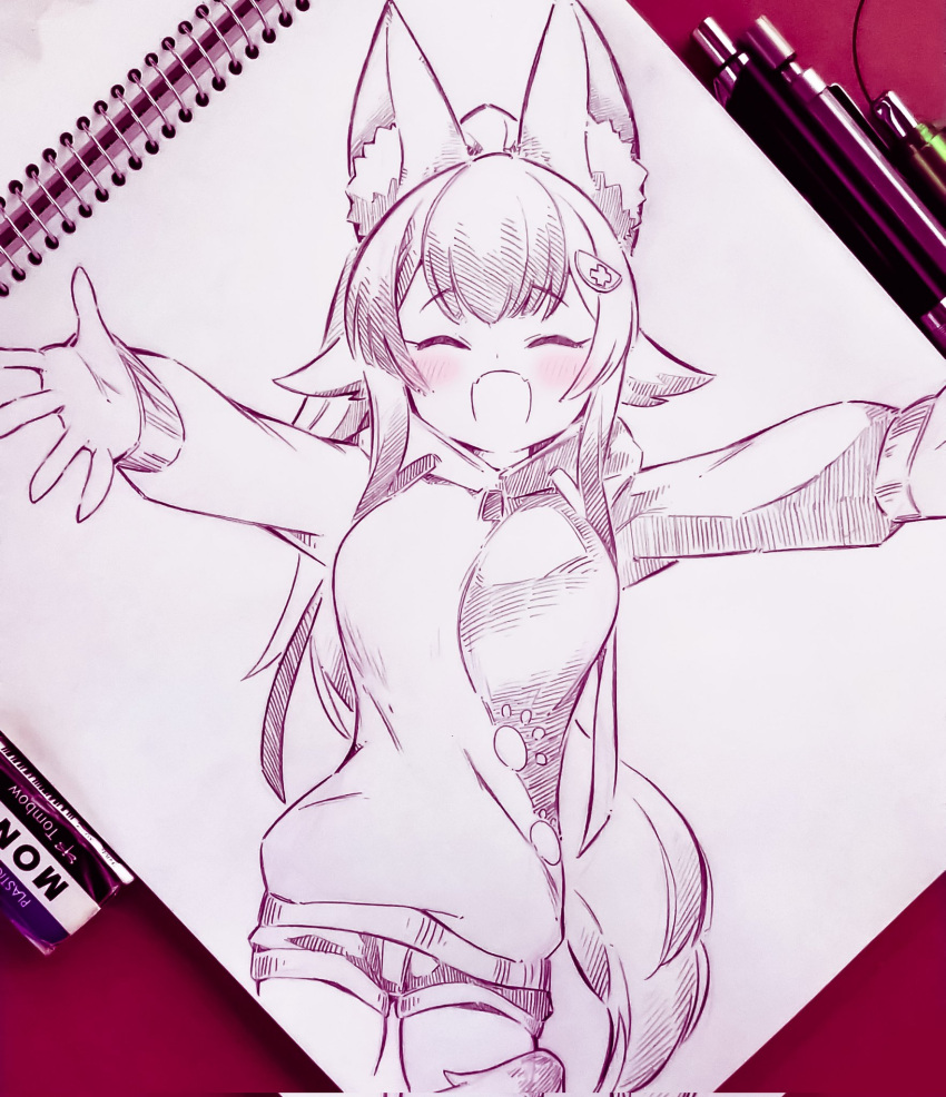 1girl :d ^_^ animal_ear_fluff animal_ears breasts closed_eyes commentary_request eyebrows_visible_through_hair highres hololive jacket long_hair medium_breasts monochrome ookami_mio open_mouth outstretched_arms pen shorts smile solo tail thighs traditional_media tsukareta_san wolf_ears wolf_girl wolf_tail