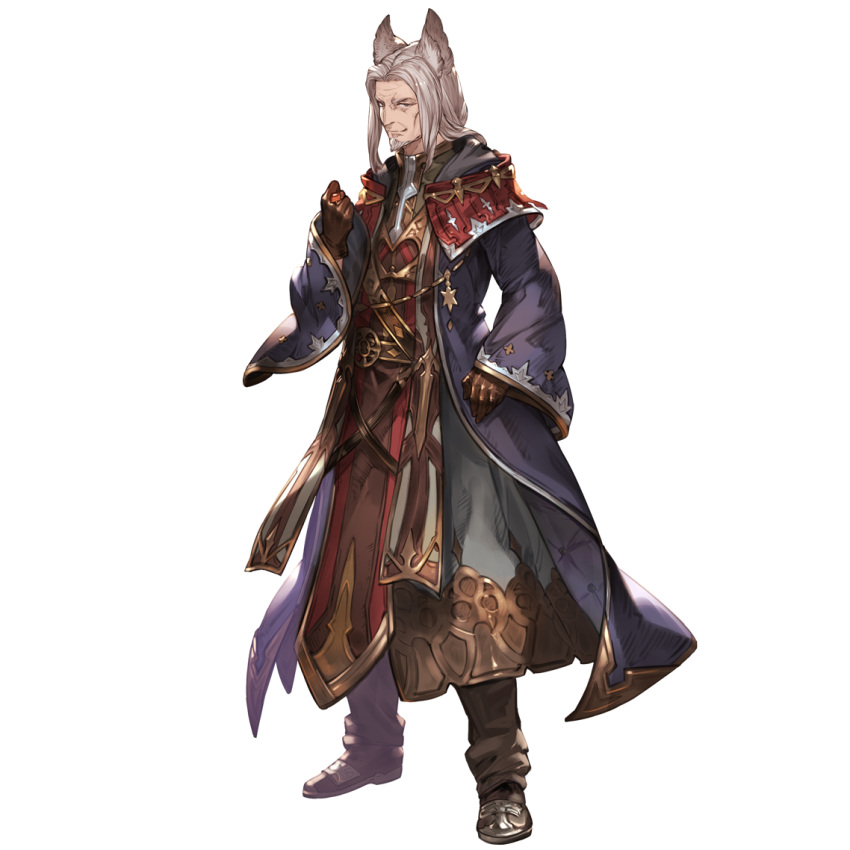 1boy alanaan animal_ears brown_gloves erune facial_hair gloves granblue_fantasy grey_eyes grey_hair jewelry looking_at_viewer official_art ring simple_background solo transparent_background