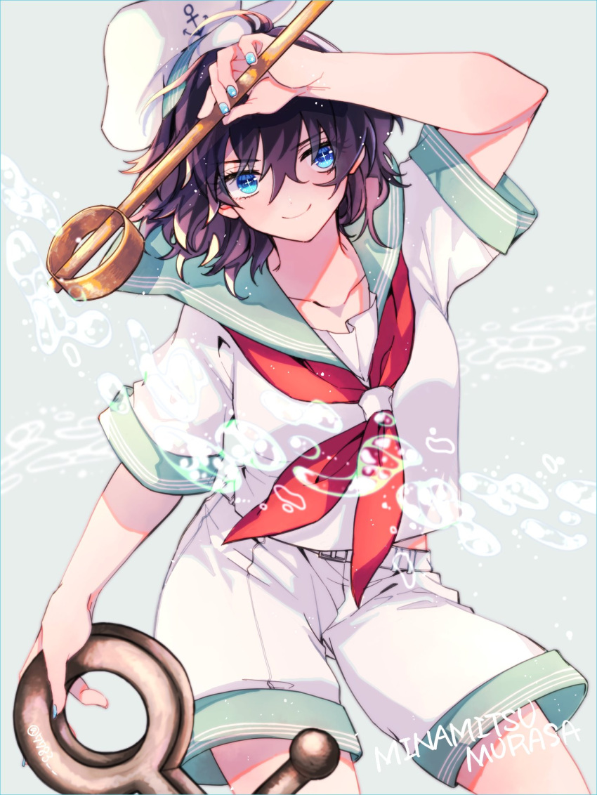 +_+ 1girl amane_(7783) anchor aqua_nails arm_up bangs black_hair blue_eyes blush breasts closed_mouth contrapposto cowboy_shot eyebrows_visible_through_hair grey_background hair_between_eyes hat highres holding holding_anchor holding_ladle ladle looking_at_viewer medium_breasts medium_hair murasa_minamitsu nail_polish neckerchief sailor_hat shirt short_sleeves shorts simple_background smile solo touhou water white_headwear white_shirt white_shorts