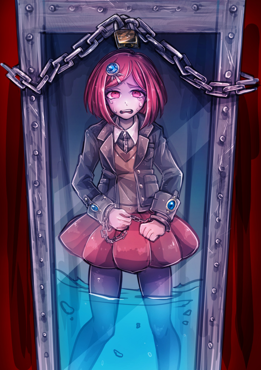 1girl absurdres beige_cardigan black_suit box cardigan chain crying crying_with_eyes_open cuffs dangan_ronpa_(series) dangan_ronpa_v3:_killing_harmony feet_out_of_frame glass_block_wall hair_ornament handcuffs highres lock red_eyes red_skirt redhead riyuta school_uniform skirt tearing_up tears water what_if yumeno_himiko