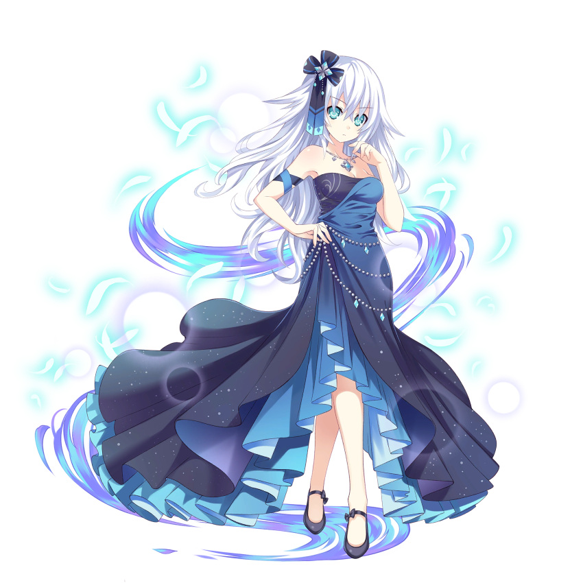1girl black_heart blue_eyes blue_feathers breasts dress full_body hair_ornament highres jewelry long_hair necklace neptune_(series) official_art solo transparent_background tsunako very_long_hair white_hair