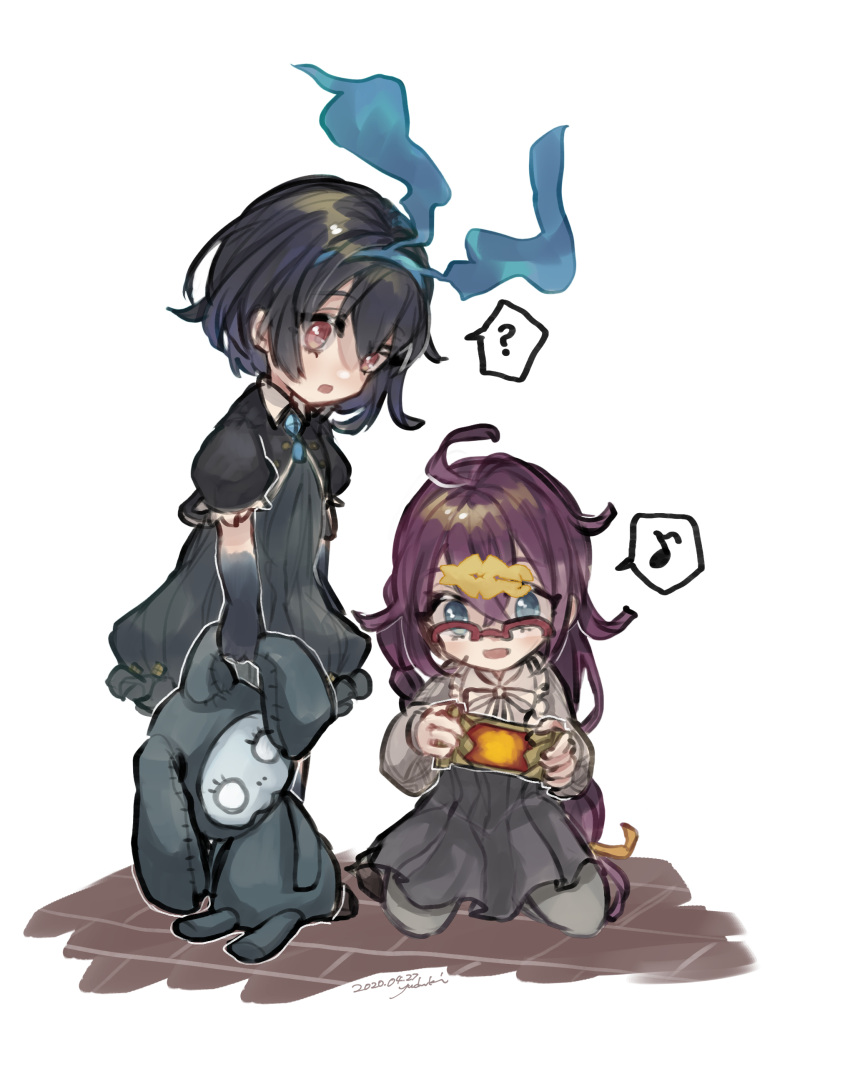 2girls ? absurdres alice_(sinoalice) bangs blue_dress blue_gloves blue_hair botan_yuduki bow bowtie doll dorothy_(sinoalice) dress elbow_gloves floor full_body gloves grey_jacket grey_skirt hair_between_eyes handheld_game_console headband highres holding holding_doll holding_handheld_game_console jacket leggings long_sleeves multiple_girls musical_note seiza short_sleeves simple_background sinoalice sitting skirt spoken_musical_note spoken_question_mark standing white_background younger