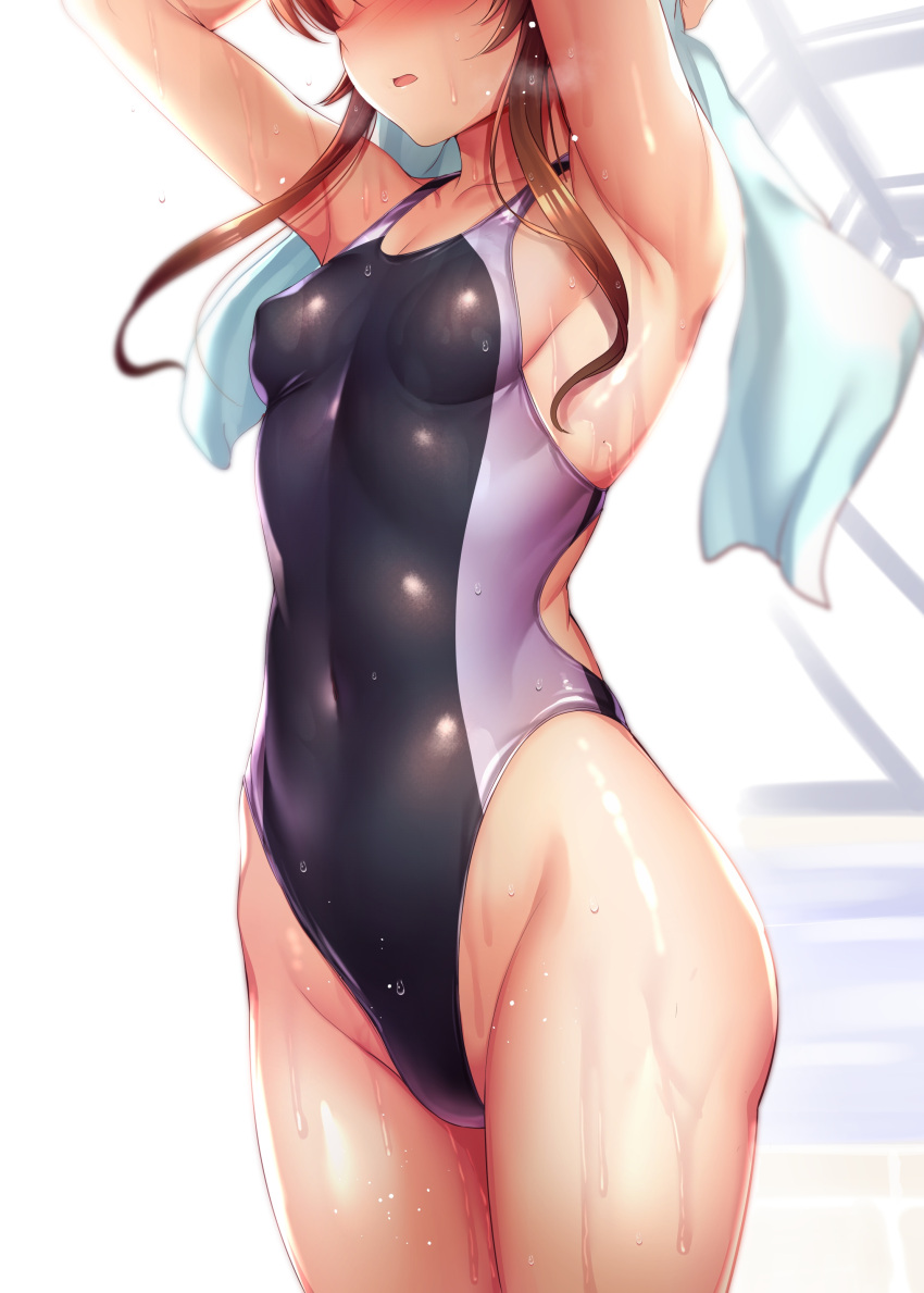1girl absurdres armpits ass_visible_through_thighs black_swimsuit blush breasts brown_hair collarbone commentary_request competition_swimsuit covered_navel cowboy_shot groin hair_bun highleg highleg_swimsuit highres idolmaster idolmaster_cinderella_girls long_hair ment one-piece_swimsuit out_of_frame parted_lips pool rei_no_pool sideboob small_breasts swimsuit takamori_aiko towel two-tone_swimsuit wet wet_clothes wet_swimsuit
