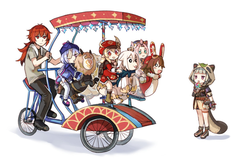 1boy 4girls :3 :d ahoge alternate_costume animal_ears animal_hood aqua_eyes backpack bag bandaged_leg bandages bangs bangs_pinned_back baron_bunny_(genshin_impact) bead_necklace beads bicycle black_pants black_scarf blunt_bangs blush_stickers boots brown_footwear brown_gloves brown_scarf cabbie_hat candy carousel casual cat_ears cat_girl cat_tail character_doll chinese_clothes clover_print contemporary craytm diluc_(genshin_impact) diona_(genshin_impact) empty_eyes eyebrows_visible_through_hair fake_animal_ears fake_tail food forehead full_body genshin_impact gloves ground_vehicle guoba_(genshin_impact) hair_between_eyes hair_ribbon hat hat_feather hat_ornament highres hilichurl_(genshin_impact) holding holding_candy holding_food hood indonesia japanese_clothes jewelry jiangshi klee_(genshin_impact) knee_boots kneehighs leaf leaf_on_head light_brown_hair lollipop long_hair long_sleeves looking_at_viewer low_ponytail low_twintails multiple_girls necklace ninja ofuda open_mouth orange_eyes paimon_(genshin_impact) pants pink_hair pocket pointy_ears primogem purple_hair qing_guanmao qiqi_(genshin_impact) raccoon_tail randoseru red_eyes redhead ribbon riding sayu_(genshin_impact) scarf shirt shoes short_hair short_sleeves shorts sidelocks silver_hair simple_background smile standing t-shirt tail thick_eyebrows thigh-highs towel towel_around_neck twintails violet_eyes white_background white_legwear zettai_ryouiki