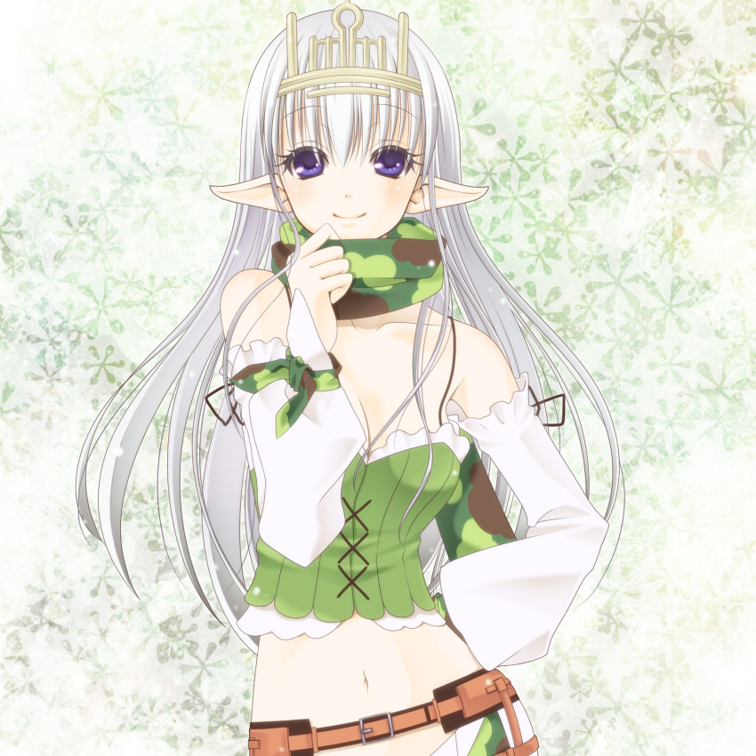 1girl bangs belt blush breasts brown_belt camouflage_scarf closed_mouth commentary_request contrapposto cowboy_shot crown detached_sleeves eyebrows_visible_through_hair green_background green_scarf green_shorts green_tubetop hair_between_eyes highres long_hair looking_at_viewer medium_breasts midriff navel nia_(littlestars) pointy_ears ragnarok_online ranger_(ragnarok_online) scarf scarf_pull shorts smile snowflake_background solo strapless tubetop violet_eyes white_hair white_sleeves