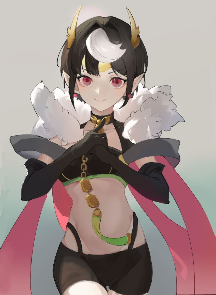 0_0_0 1girl absurdres ariel_(kumo_desu_ga_nani_ka?) black_gloves black_hair black_shirt black_shorts cape clenched_hand demon_girl earrings elbow_gloves fake_horns fist_in_hand fur-trimmed_cape fur_trim gloves grey_background headpiece highres horns jewelry kumo_desu_ga_nani_ka? looking_at_viewer midriff multicolored_hair pointy_ears red_cape red_eyes shirt shorts smile solo streaked_hair upper_body white_hair