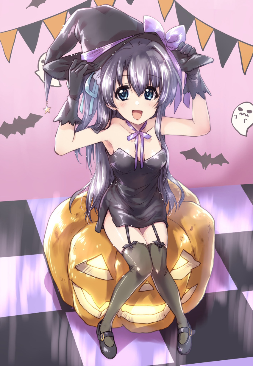 1girl adjusting_clothes adjusting_headwear bat black_dress black_footwear black_gloves black_hair black_headwear black_legwear blue_eyes bow checkered checkered_floor dress eyebrows_visible_through_hair garter_straps ghost gloves halloween halloween_costume hat hat_bow highres jack-o'-lantern kuroi_mimei long_sleeves looking_at_viewer lyrical_nanoha mahou_shoujo_lyrical_nanoha_vivid mary_janes neck_ribbon open_mouth purple_bow purple_neckwear ribbon shoes short_dress side_slit sitting smile solo strapless strapless_dress string_of_flags thigh-highs witch_hat yumina_enclave