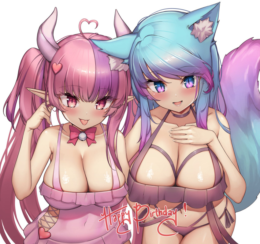 ! 2girls ahoge animal_ears bare_shoulders bell blue_hair blush bow bowtie breasts choker collarbone cowboy_shot demon_girl demon_horns english_commentary eyebrows_visible_through_hair hair_between_eyes happy_birthday heart highres horns ironmouse kaptivate large_breasts long_hair looking_at_viewer multicolored_hair multiple_girls navel neck_bell open_mouth pink_eyes pink_hair pointy_ears purple_hair second-party_source silvervale simple_background sleeveless tail teeth tongue tongue_out twintails two-tone_hair vshojo white_background wolf_ears wolf_girl wolf_tail