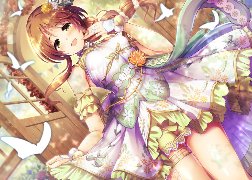 1girl braid breasts brown_eyes brown_hair bug butterfly covered_nipples detached_sleeves dress dutch_angle hair_ornament highres idolmaster idolmaster_cinderella_girls insect jewelry long_hair looking_at_viewer ment open_mouth ring shiny shiny_hair single_braid skirt_hold small_breasts smile solo takamori_aiko wedding_ring wooden_door