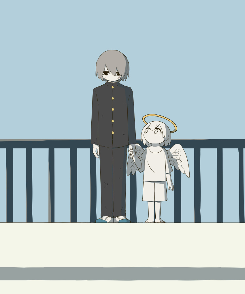 2boys absurdres angel avogado6 barefoot black_eyes black_jacket black_pants bruise bruise_on_face child colored_skin commentary_request gakuran grey_hair highres holding_hands imminent_suicide injury jacket looking_down looking_up multiple_boys original pants school_uniform shirt shoes shorts white_eyes white_hair white_shirt white_shorts white_skin white_wings wings