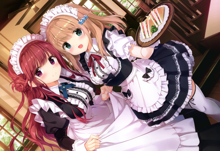 2girls :d absurdres apron bangs blue_eyes blue_neckwear brown_hair commentary_request curtsey dress dutch_angle eyebrows_visible_through_hair flower food hair_flower hair_ornament highres holding holding_tray huge_filesize indoors juliet_sleeves kimishima_ao long_dress long_hair long_sleeves looking_at_viewer maid maid_apron maid_headdress momoi_saki multiple_girls neck_ribbon open_mouth original parsley puffy_sleeves red_neckwear red_ribbon redhead ribbon sandwich shirayuri_riko short_sleeves skirt_hold smile thigh-highs tray violet_eyes white_legwear window