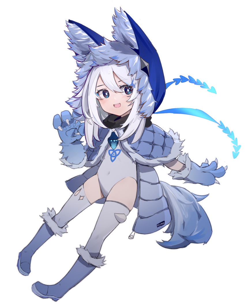1girl :d absurdres animal_ear_fluff animal_ears animal_hands animal_hood bangs blue_capelet blue_eyes blue_footwear blue_gloves boots capelet covered_navel eyebrows_visible_through_hair fake_animal_ears fur-trimmed_boots fur-trimmed_capelet fur-trimmed_gloves fur-trimmed_hood fur_trim genshin_impact gloves hair_between_eyes highres hood hood_up hooded_capelet leotard looking_at_viewer open_mouth paimon_(genshin_impact) paw_gloves pigeon-toed simple_background smile solo thigh-highs thighhighs_under_boots white_background white_hair white_legwear white_leotard