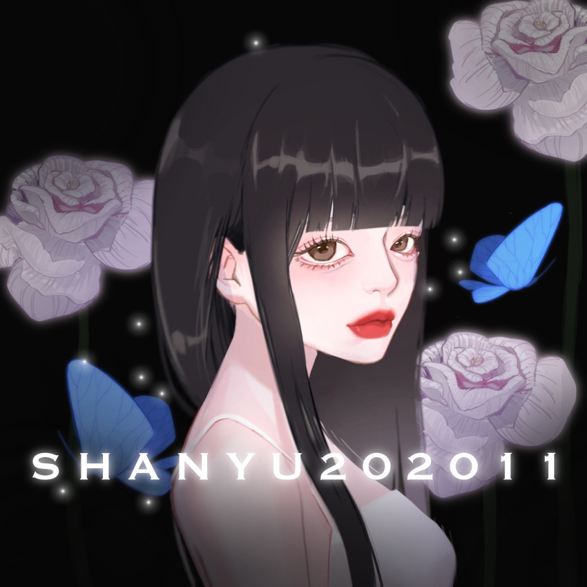 1girl artist_name black_background black_hair blue_butterfly brown_eyes bug butterfly copyright_request dated dress flower highres icon insect lipstick looking_at_viewer makeup orb pale_skin parted_lips red_lips rose shanyu_6688 text white_dress